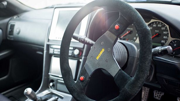 Momo alcantara steering wheel and interior of the Nissan GT-R R34, picture courtesy of driftspec.org