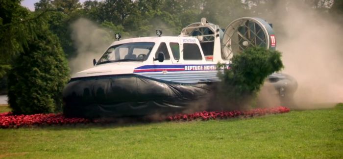 Jeremy Clarkson causing damage on his arrival to the palace destination in the hovercraft