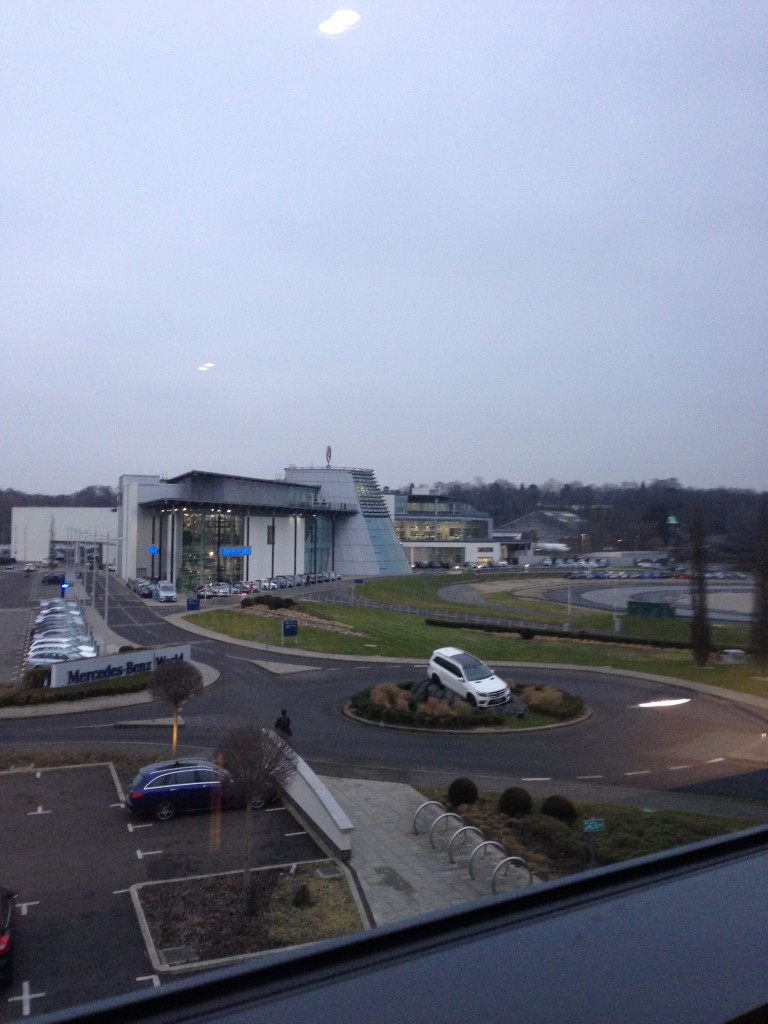 View from my bedroom at the Brooklands Hotel of the Mercedes Benz World complex