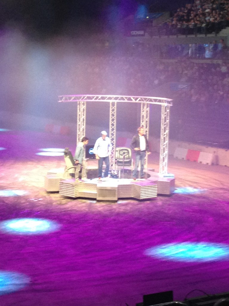 Jeremy, RIchard and James on a V8 powered stage