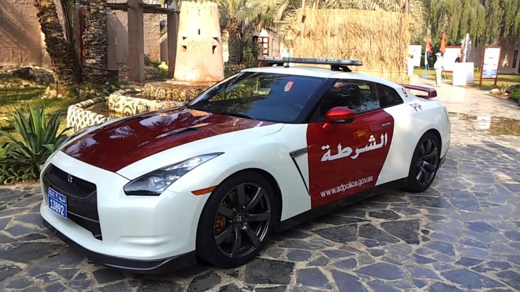 The rapid Nissan GTR patrol car, decked out in the same white and purple Abu Dhabi police colours