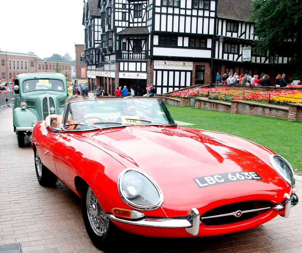 A convertible red Jaguar E-Type at the Coventry Classic Car Run 2013